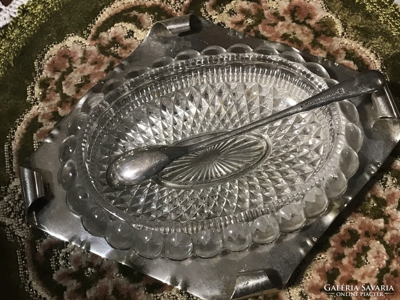 Antique, 100-year-old, silver-plated, glass-inlaid caviar or pâté serving spoon, silver-plated