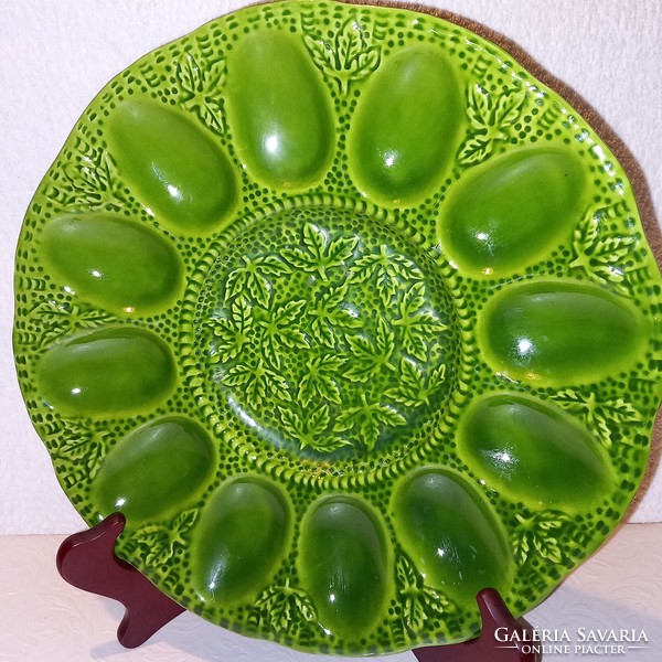 Green ceramic egg holder on small legs, boiled egg serving bowl, plate,