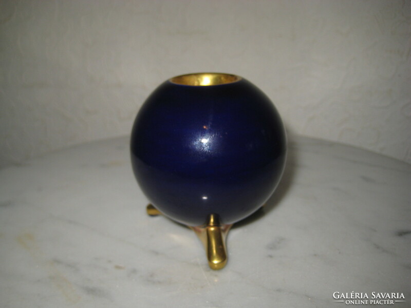 Lindner / Bavaria  , Echt Cobalt , gyertya tartó , gömb , három arany színű lábbal  kb 6 cm