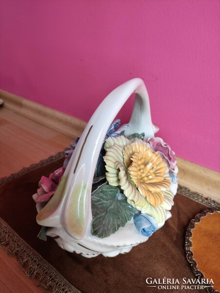 Romanian porcelain rose and mauve flower basket