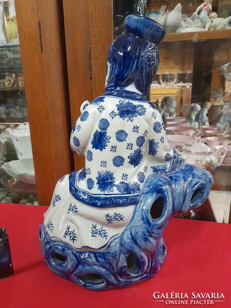 Chinese cobalt blue folk costume porcelain female figure statue. 36 Cm.