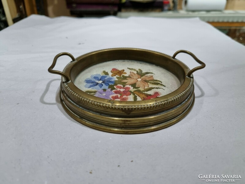 Copper bowl with old tapestry inlay