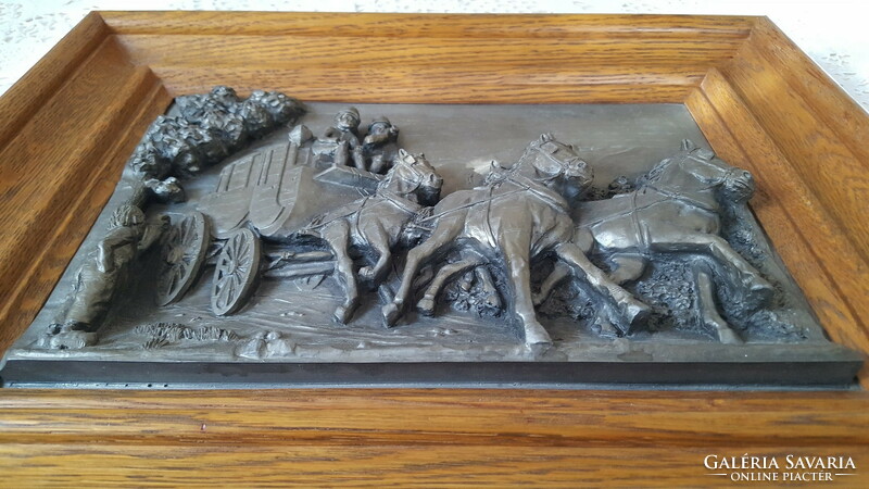 Stagecoach scene, framed tin relief, bas-relief