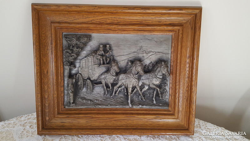 Stagecoach scene, framed tin relief, bas-relief