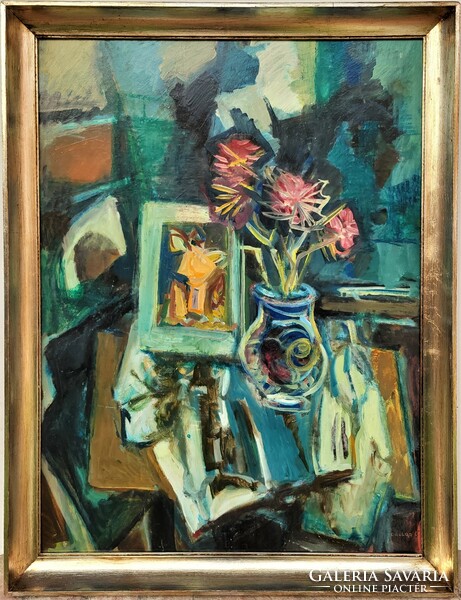 Lívia Dallos (1927 - ) retro still life c.Képcsarnokos oil painting with original guarantee!