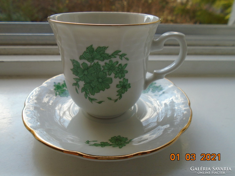 Antik cseh TK Thun dombor kosár mintás zöld virág mintás kávés csésze alátéttel