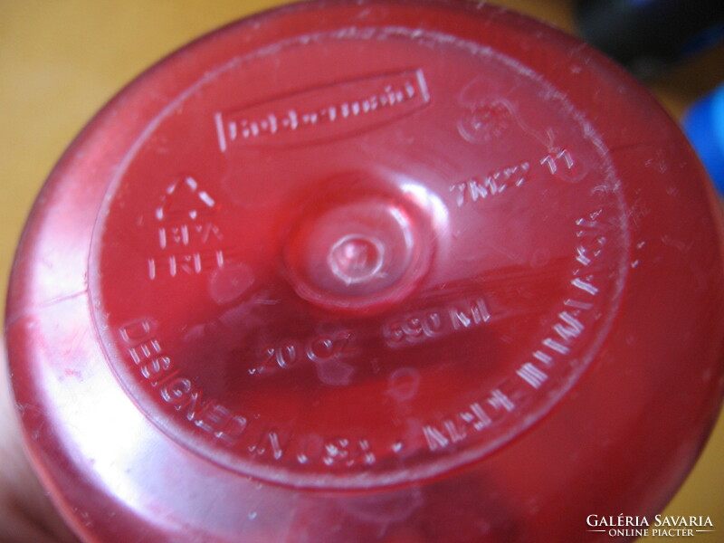 Red rubbermaid designed USA, made in Malaysia water bottle