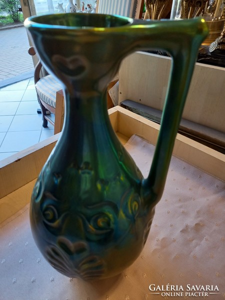 Zsolnay eozin teal jug with folk motif (no. F-a)