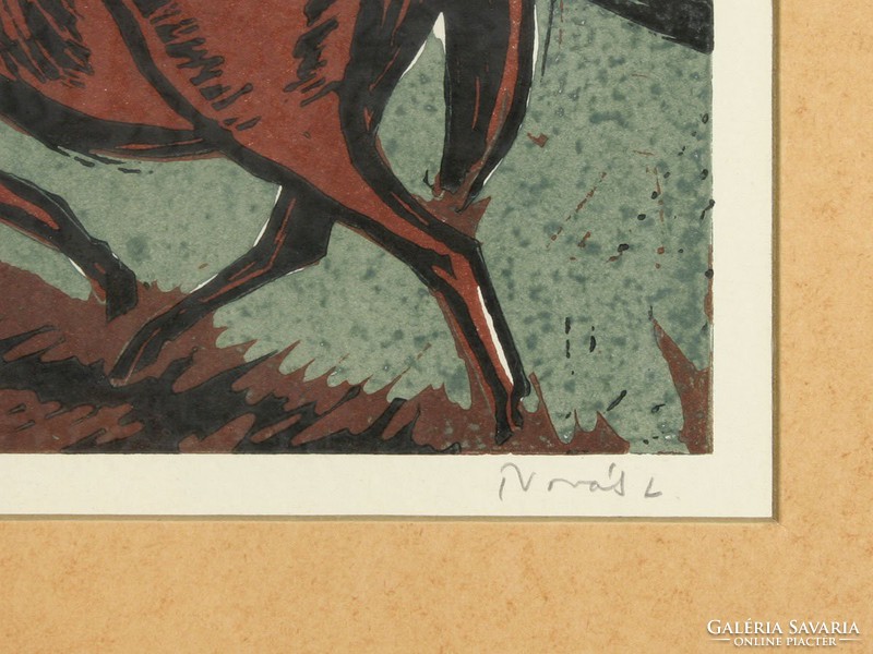 Lajos Novák running 45x62cm linocut horse race trotting burglary treasure colored etching