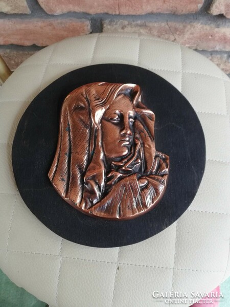 Mária copper relief image on wooden sheet wall ornament