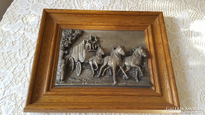 Stagecoach scene, framed tin relief, bas-relief