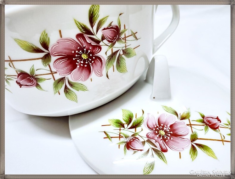 Porcelain soup bowl with wild rose pattern