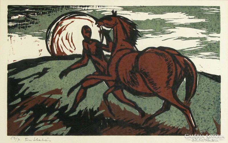 Lajos Novák running 45x62cm linocut horse race trotting burglary treasure colored etching