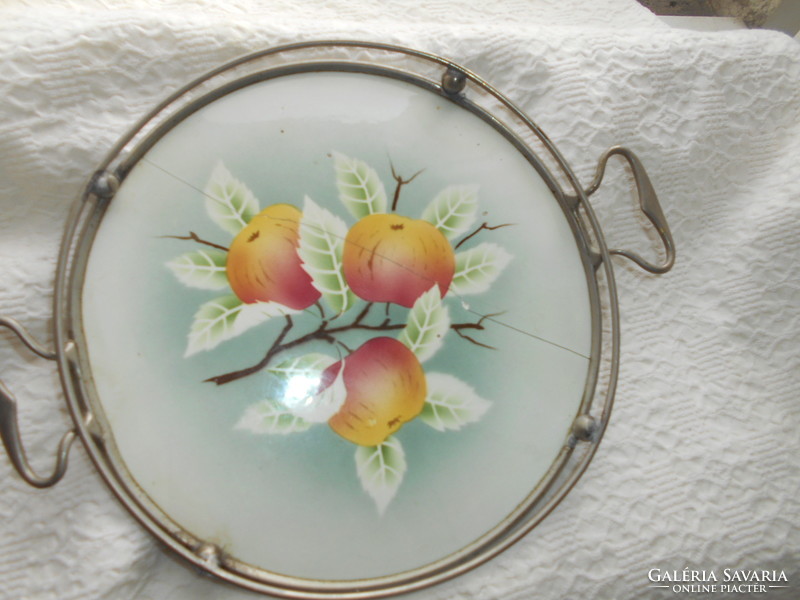 Art Nouveau faience inlaid tray with metal rim, 4 ball feet