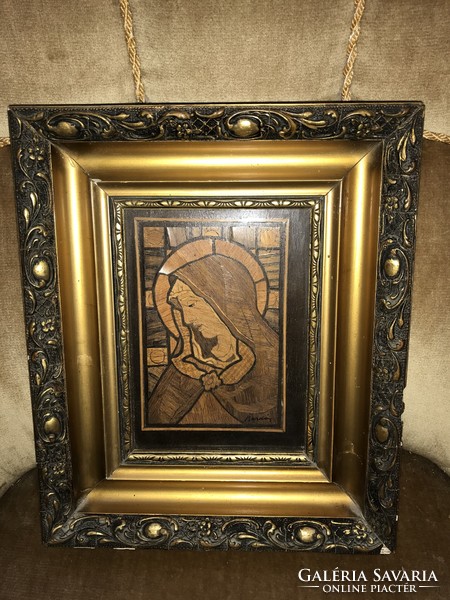 Art Nouveau wood marquetry picture, with maker's mark on the side, 14x18.5 cm