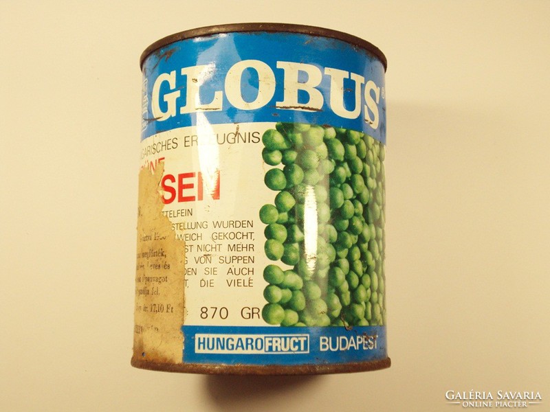 Retro globus tin can - green peas - for German and Soviet exports, Cyrillic inscription