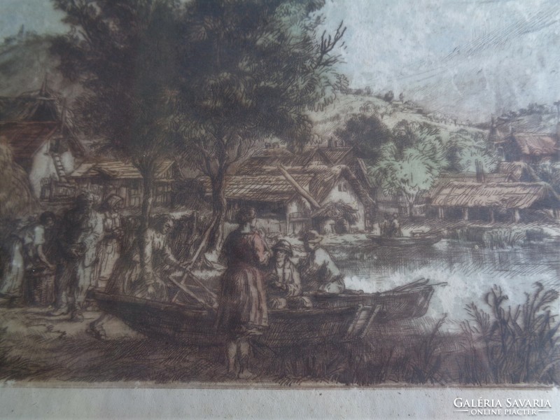 Etching from the 1960s on a Greek riverside waterfront