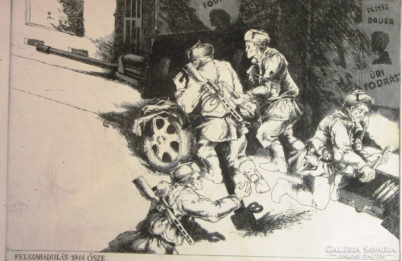 Social real etching, liberation autumn 1944, marked Bognár Árpád / 1931-2004 / 56x39cm