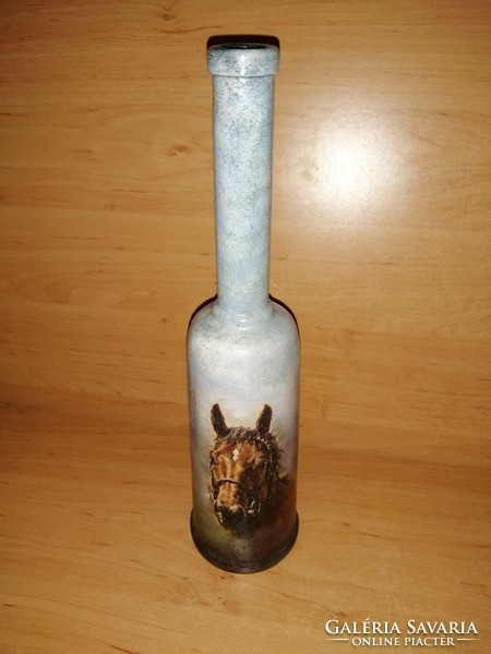 Régi lovas jelenettel (festett) díszített üveg palack 31 cm (18/d)