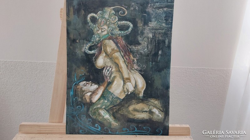 (K) Szürreális Pajzán, erotikus festmény 18+ 40x30 cm