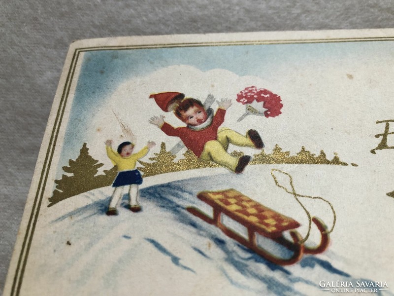 Antique, old graphic, gilded Christmas card - postal clean -3.