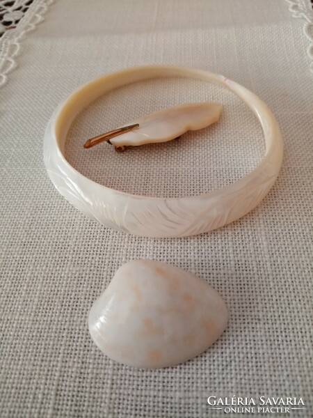 White engraved shell mother of pearl bracelet / bangle and brooch / pin