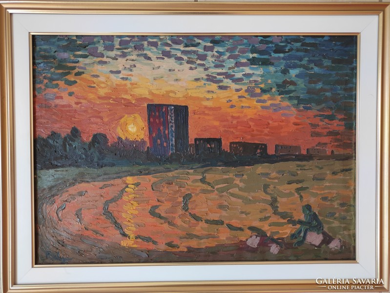 Modern City Beach Sunset Oil Painting Unmarked