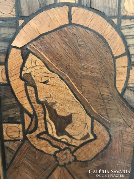 Art Nouveau wood marquetry picture, with maker's mark on the side, 14x18.5 cm