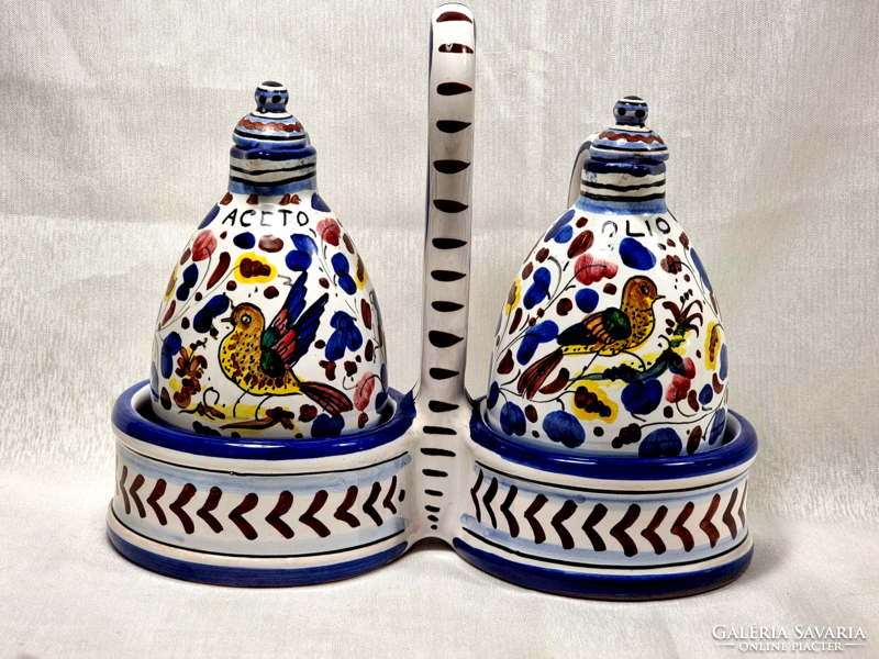 Dolci q.T. Cama deruta painted bird's eye Italy vinegar and oil ceramic spout holder with handle