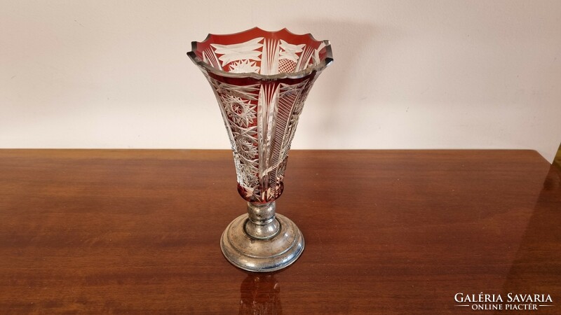Silver base lead crystal vase 25 cm high - chipped