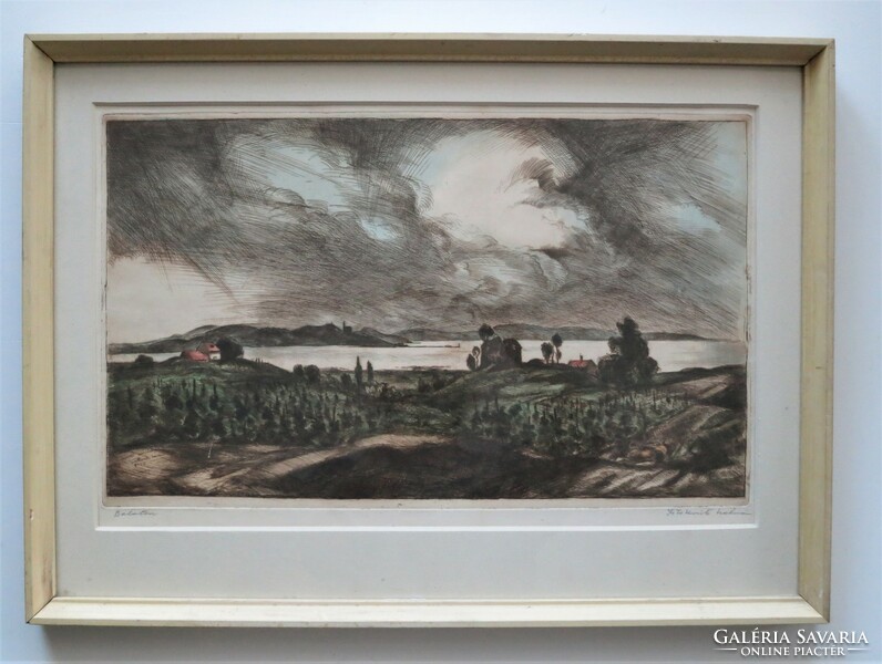 Kálmán Istókovits (1898-1990): Balaton landscape, colored etching, 1937