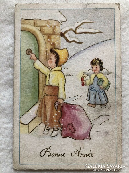 Antik, régi grafikus Karácsonyi képeslap             -3.