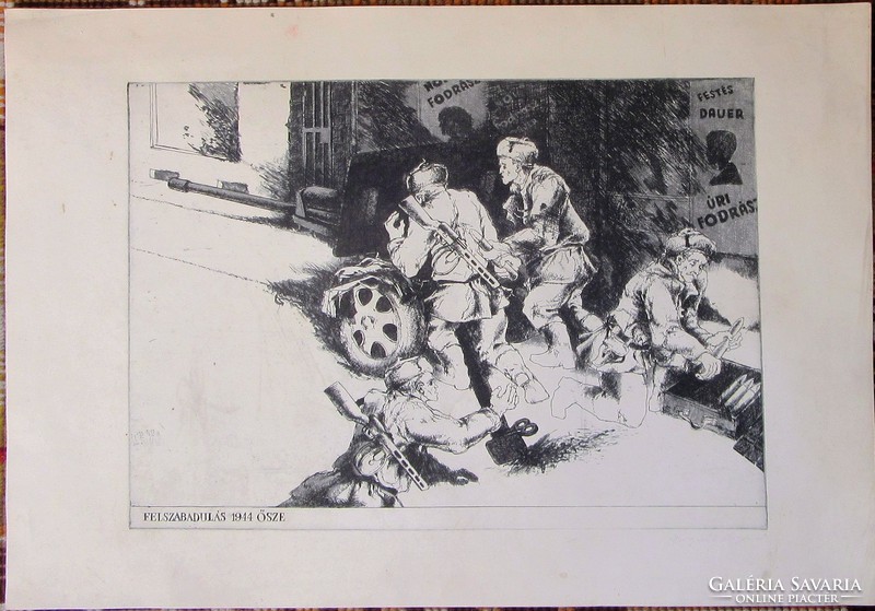 Social real etching, liberation autumn 1944, marked Bognár Árpád / 1931-2004 / 56x39cm