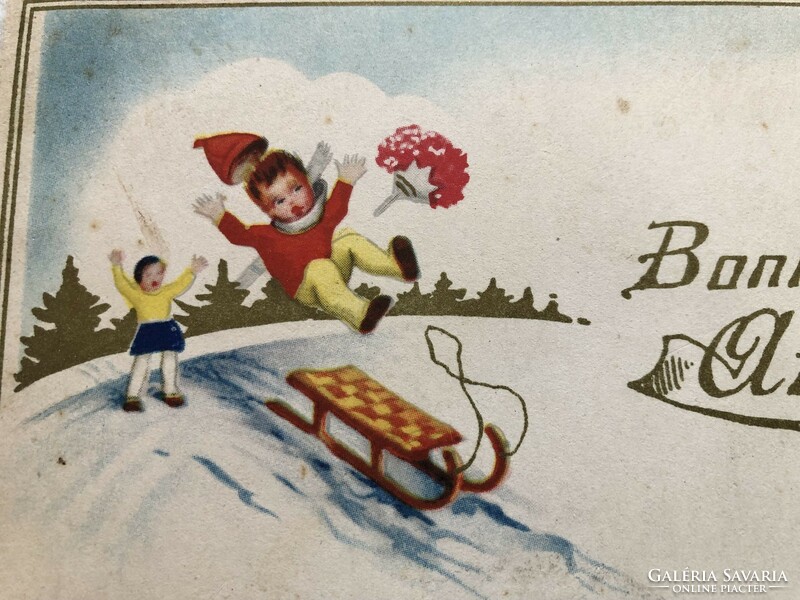 Antik, régi grafikus, aranyozott Karácsonyi képeslap   -  Postatiszta           -3.