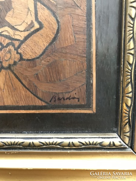 Art Nouveau wood marquetry picture, with maker's mark on the side, 14x18.5 cm