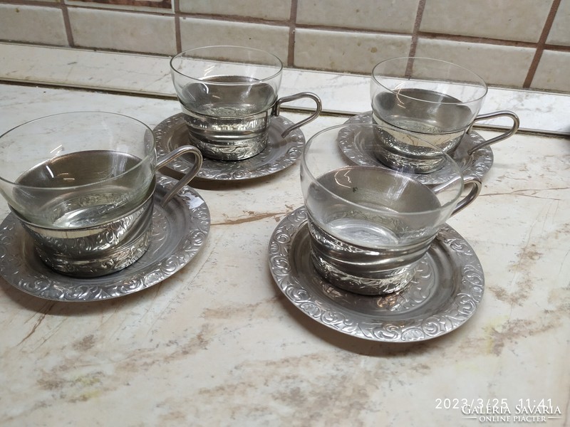 4 Personal tea set made of metal with heat-resistant insert for sale!
