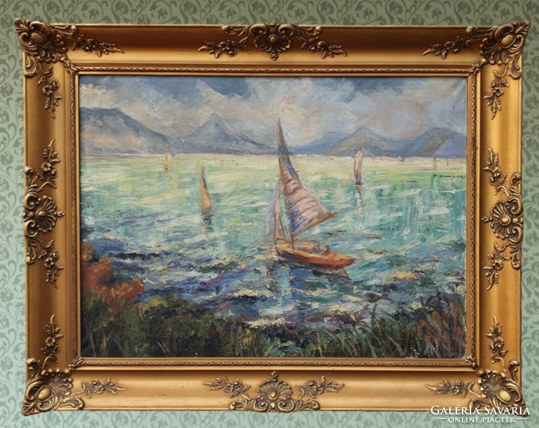A high-quality landscape painting, perhaps on balat, in its original restored frame