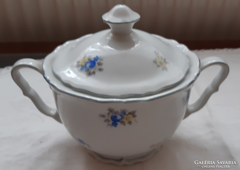 Antik német porcelán teás kancsó, cukortartó, kis tányér