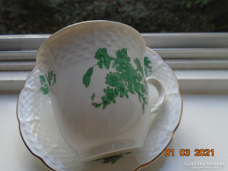 Antik TK Thun dombor kosár mintás zöld virág mintás forró csokoládé csésze alátéttel