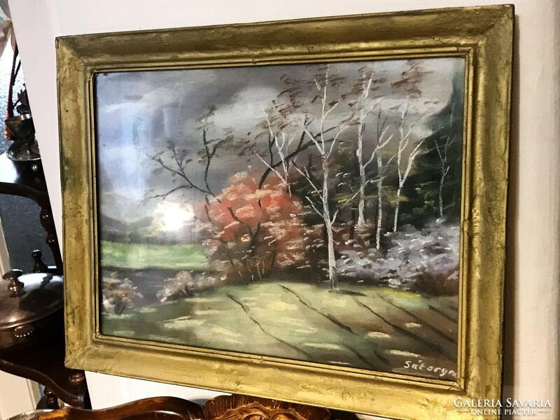 Pastel painting, sátory sign, landscape in an old wooden frame