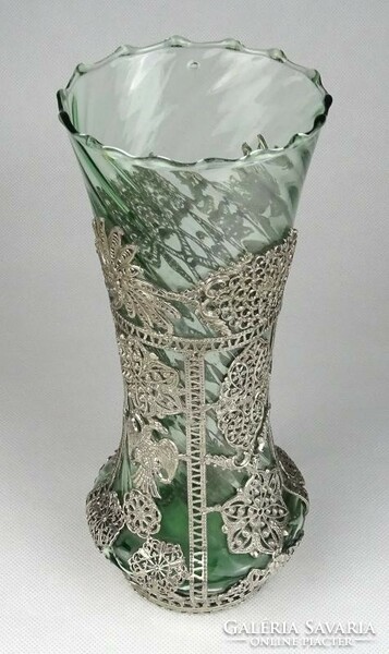 1H478 Gyönyörű antik fújt üveg váza filigrános veretezéssel 22 cm