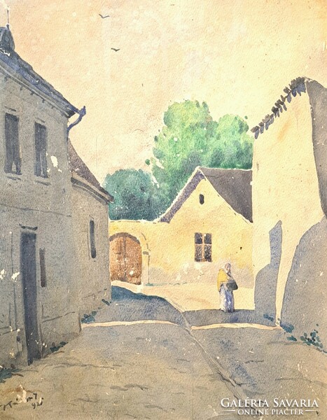 Sunny Street - watercolor from the 1920s, marked 