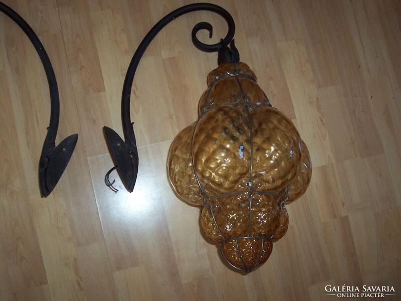 Rare six-sided castle-outdoor wall lamp in a pair