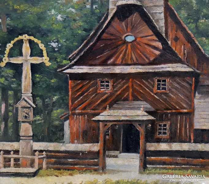 Wooden church, oil painting, (Transylvania, Highlands v. Transcarpathia?)
