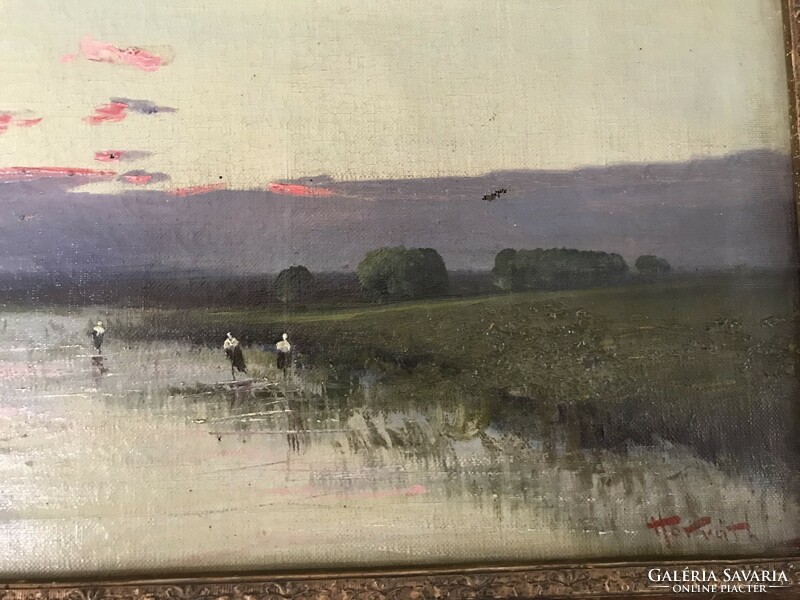 Horváth i,j ? Signed: landscape with storks, oil on canvas