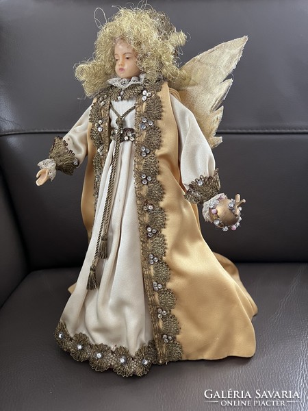 Antik nagyméretű viasz fejű és kezű angyal királynő karácsonyfadísz csúcsdísz