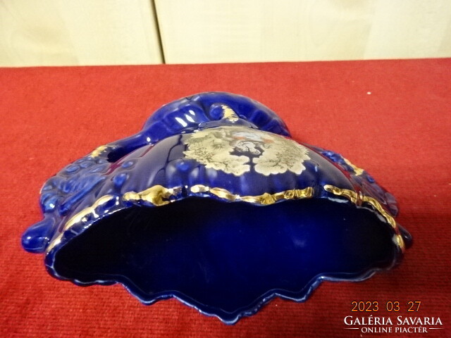 German glazed ceramic centerpiece, basket shape, cobalt blue base, spectacular pattern. Jokai.