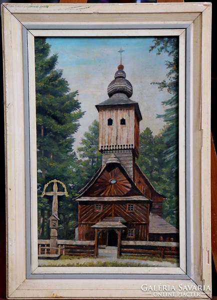 Wooden church, oil painting, (Transylvania, Highlands v. Transcarpathia?)