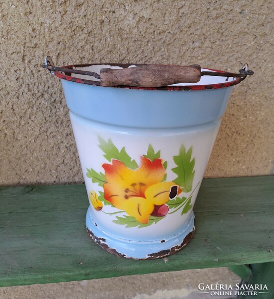 Bonyhádi floral blue enamel bucket pail heritage antique nostalgia