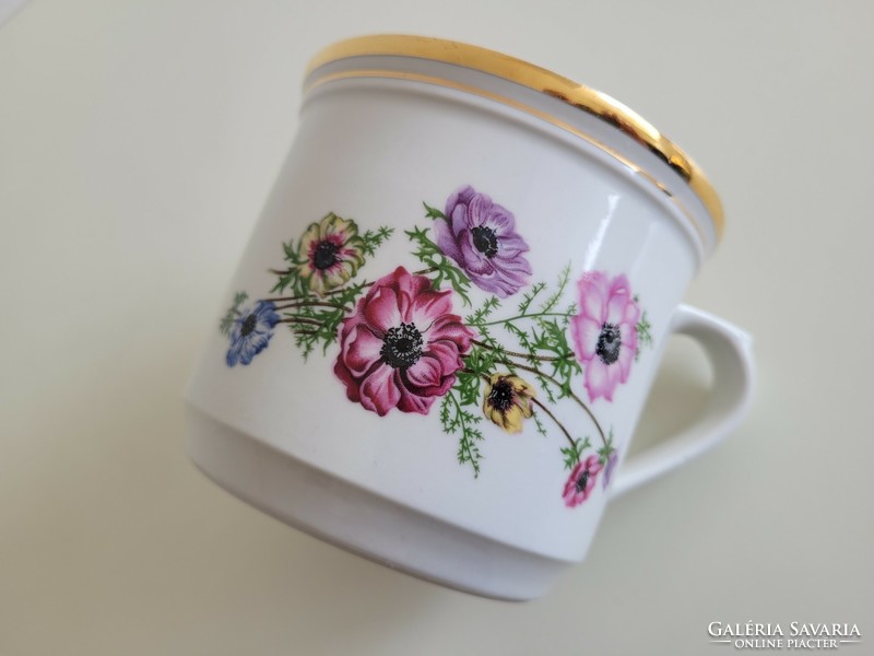 Old large size 0.5 liter Czechoslovak porcelain mug with a flower pattern, sour cream and sleeping milk tumbler